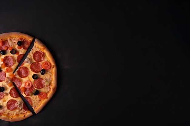 Une pizza aux olives sur fond noir