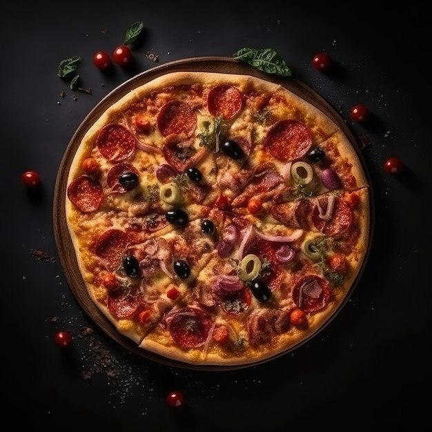 Une pizza aux olives, jambon et olives sur une assiette.