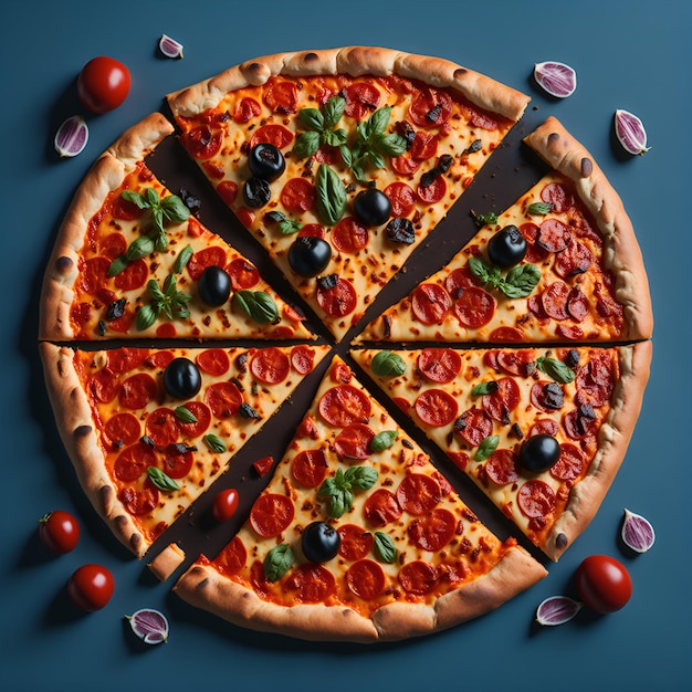 Une pizza aux olives noires et aux oignons rouges dessus