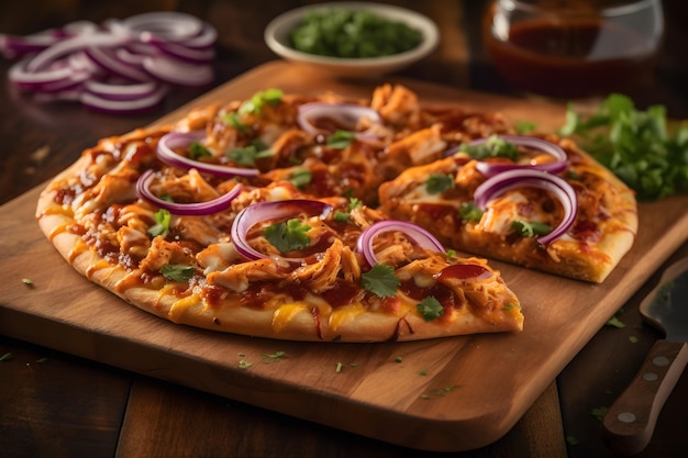 Une pizza aux olives, oignons rouges, oignons rouges et oignons rouges sur une table en bois.