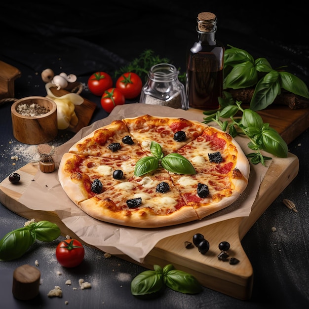 Photo une pizza aux olives et tomates sur une planche à découper avec une bouteille d'huile d'olive sur la table.