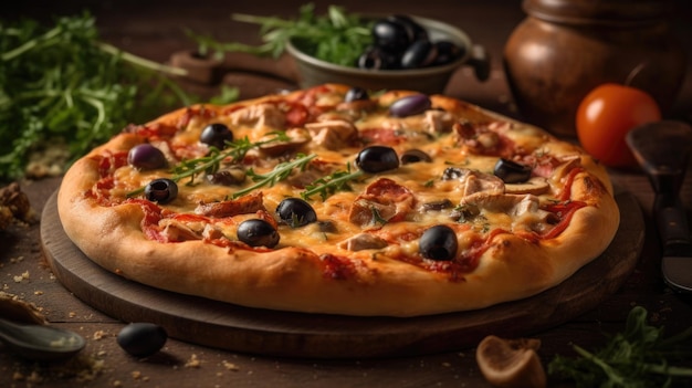 Une pizza aux olives et à la viande Generative AI