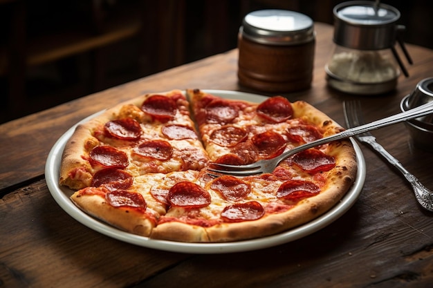 Une pizza aux pepperoni servie sur une assiette en céramique blanche avec une pincée de fromage parmesan