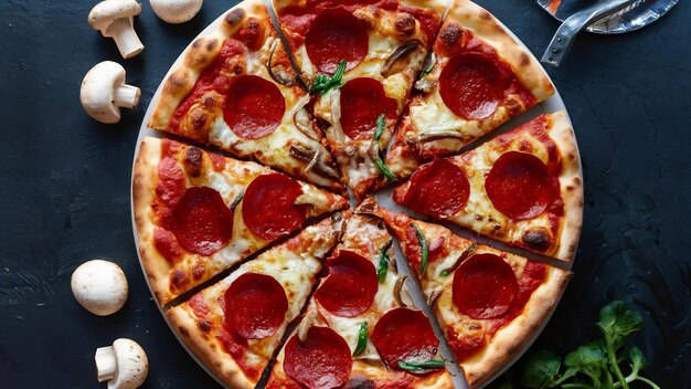 Une pizza aux poivrons avec des champignons sur la table.