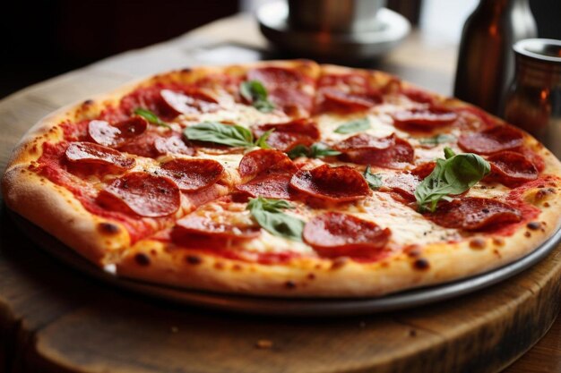 Une pizza aux poivrons avec du salami et du fromage sur la table.