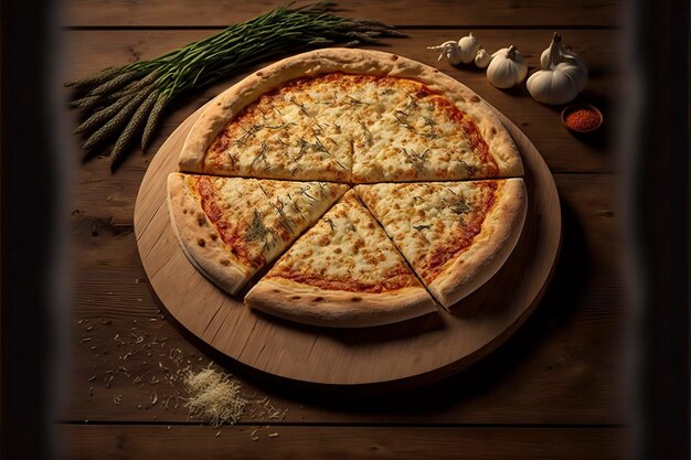 Pizza aux quatre fromages avec sauce tomate et feuilles de basilic