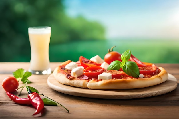 Une pizza aux tomates, au basilic et au basilic est posée sur une table à côté d'un verre de jus.