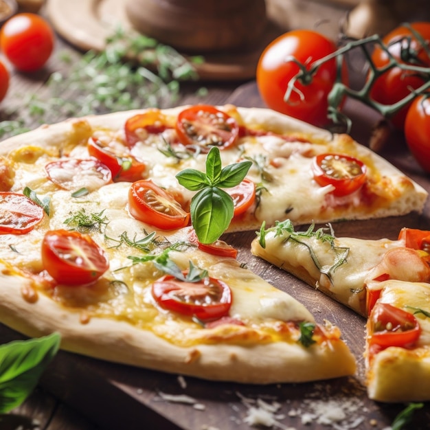 Une pizza aux tomates, au fromage et aux herbes sur une planche à découper Image AI générative