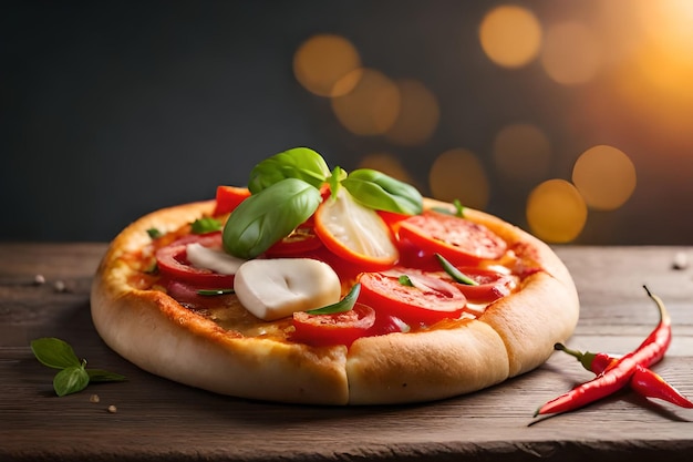 Une pizza aux tomates, mozzarella et basilic sur une planche de bois.