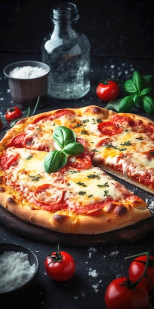 Pizza aux tomates mozzarella et basilic sur table de fond en bois ai générative