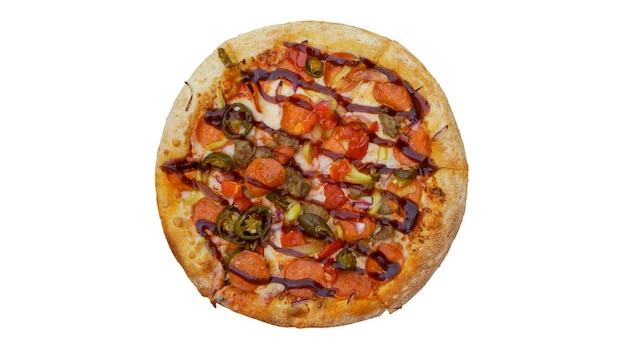 Pizza barbecue avec de la viande fumée sur un fond blanc gros plan isoler