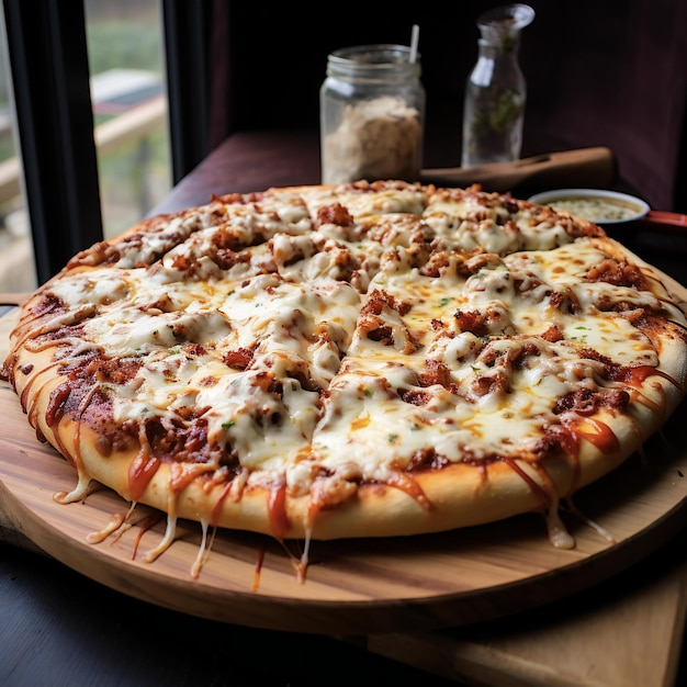 une pizza avec beaucoup de fromage et de sauces