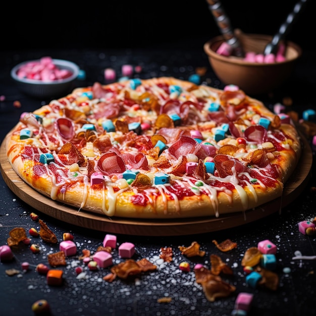 une pizza avec des bonbons et un bol de bonbons dessus