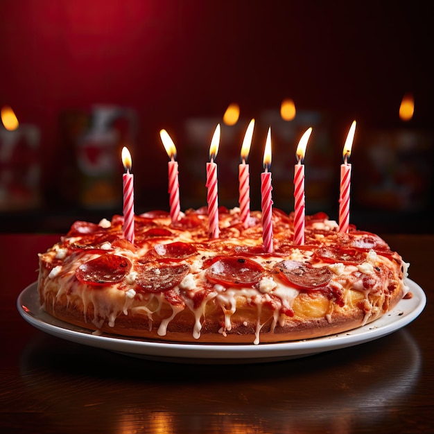 Pizza avec des bougies d'anniversaire sur le dessus gros plan photo grand angle de pizza avec des bougies allumées