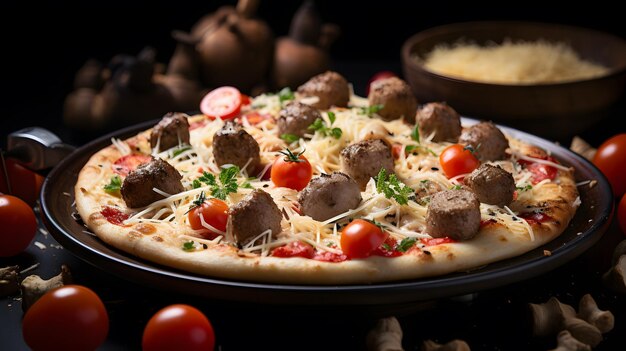 Une pizza avec des boulettes de viande et des tomates.