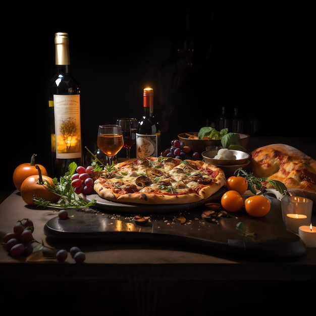 une pizza et des bouteilles de vin sur une table