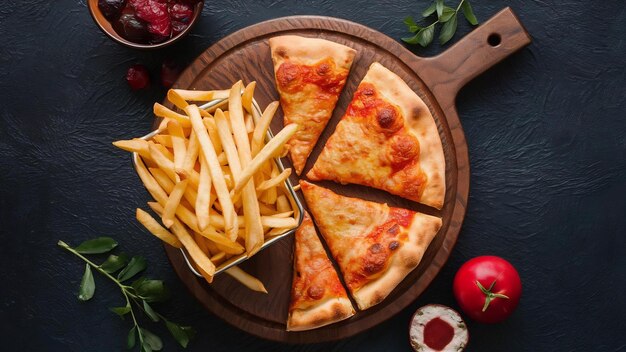 Pizza calzone avec des frites sur une planche de bois