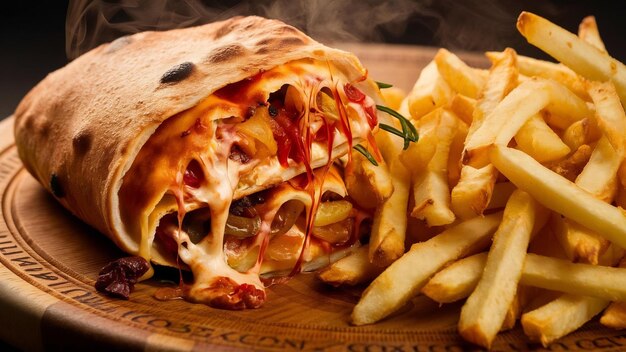 Photo pizza calzone avec des frites sur une planche de bois