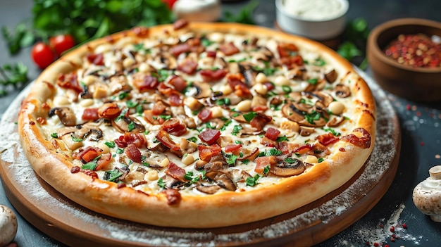 Pizza avec des champignons sauvages, du bacon, du fromage à la crème et de la stracciatella générée par l'IA