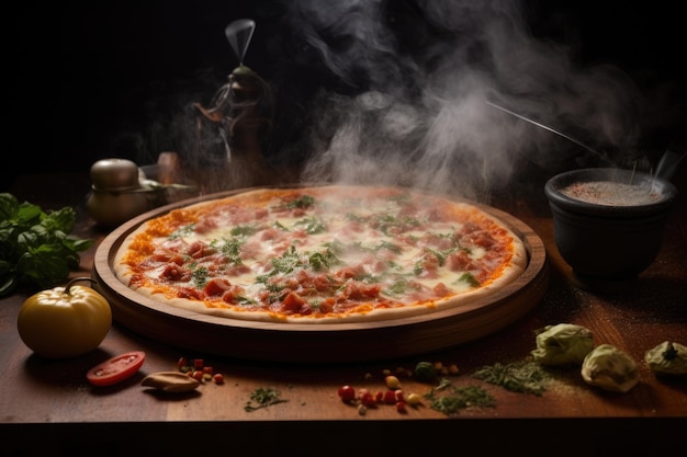 Pizza chaude à la vapeur sur une planche à découper en bois