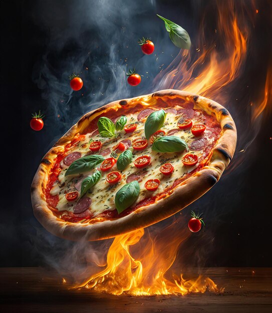Une pizza chaude volant sur des flammes de feu sur un fond sombre