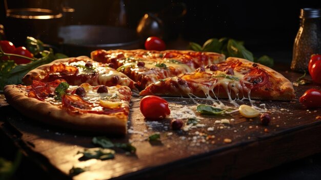 Pizza complète avec légumes et viande sur table en bois avec arrière-plan flou