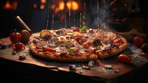 Photo pizza complète avec légumes et viande sur table en bois avec arrière-plan flou