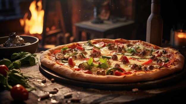 Pizza complète avec légumes et viande sur table en bois avec arrière-plan flou