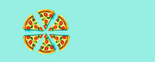 Photo la pizza créative lumineuse se compose de morceaux coupés sur fond bleu ou turquoise pizza minimale avec des tomates et du basilic banner pour la conception générée par l'ia