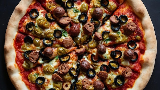 Pizza croustillante avec des olives et des saucisses