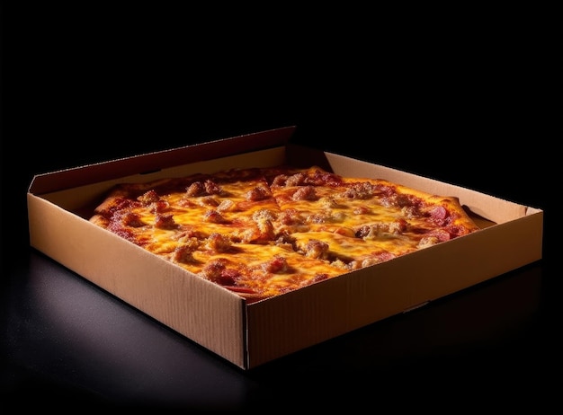 Pizza dans une boîte en carton sur un fond sombre Espace pour le texte Vue de dessus Livraison de pizza Menu pizza