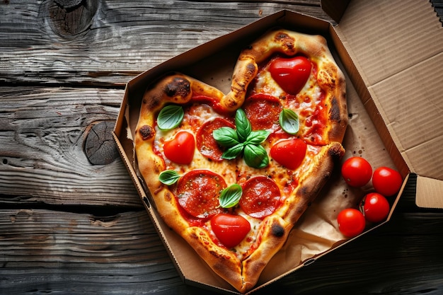 pizza dans une boîte en forme de cœur