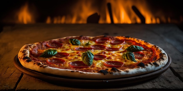 Une pizza dans un four à bois avec un feu en arrière-plan