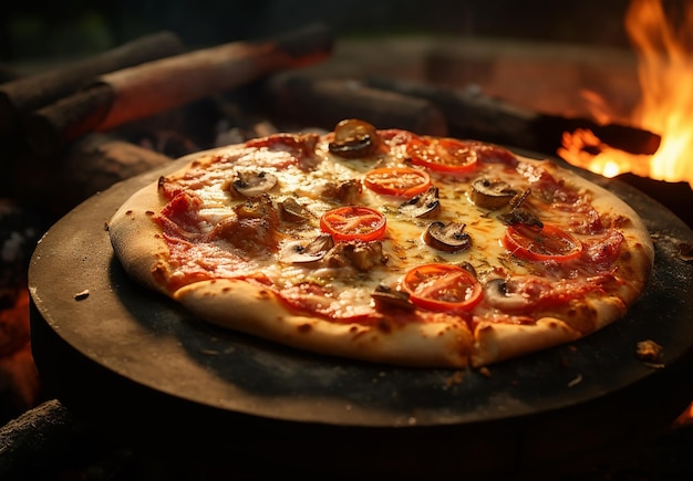 Photo pizza dans un four à bois avec une flamme derrière