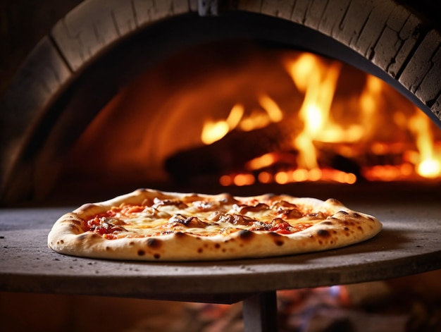Pizza délicieusement chaude sur une table confortable près d'un feu crépitant généré par l'IA