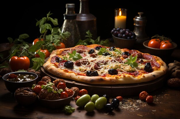 Photo pizza avec divers ingrédients sur la table