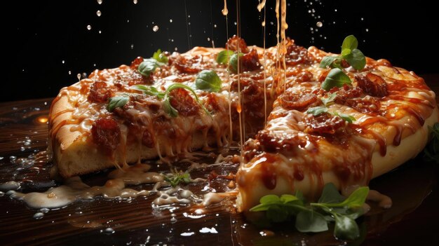 pizza avec du fromage fondu surmonté de viande et de légumes sur la table avec un fond flou