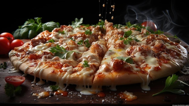 pizza avec du fromage fondu surmonté de viande et de légumes sur la table avec un fond flou