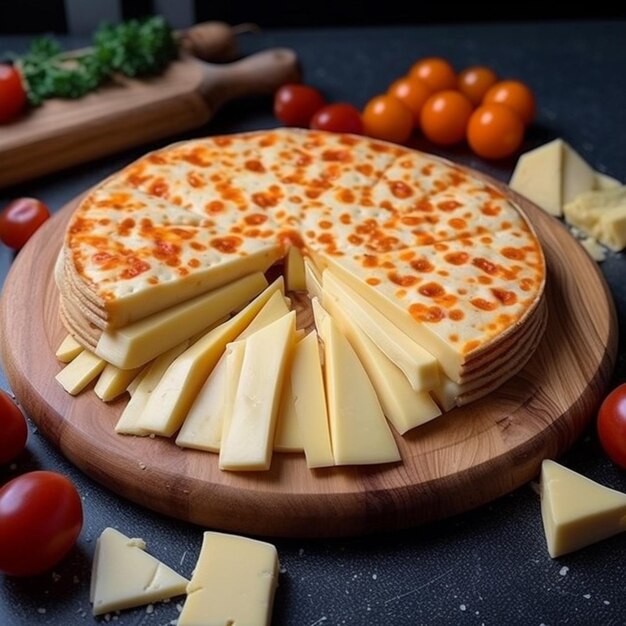 une pizza avec du fromage et des tomates dessus avec une pizza sur la table.