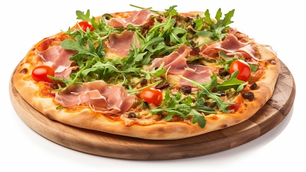 Une pizza avec du jambon, du fromage et des olives dessus