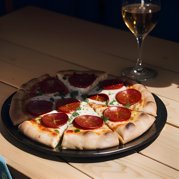 une pizza avec du pepperoni et du fromage sur un plateau noir