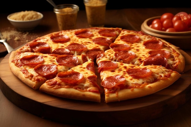 Une pizza avec du pepperoni et du fromage.