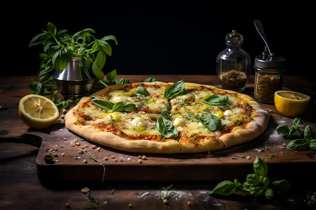 Pizza avec du pesto de basilic au citron