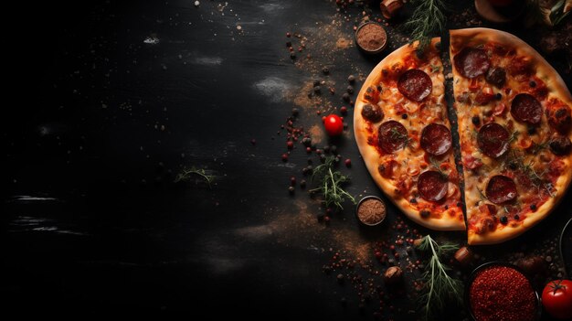 Photo la pizza avec du salami est sur une table en bois sombre vue d'en haut place pour le texte copier l'espace