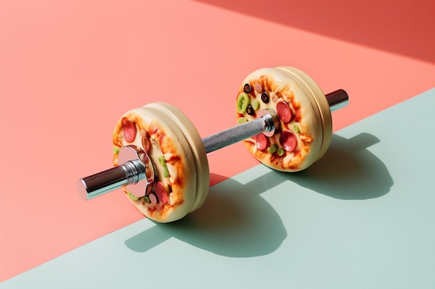 Pizza dumbbell mauvaise nutrition fitness concept créatif pour un mode de vie sain sport et culturisme entraînement au poids et mauvaise alimentation trop de glucides nourriture drôle manger de la malbouffe