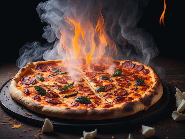Pizza avec des effets de fumée et de feu en arrière-plan générés par l'IA