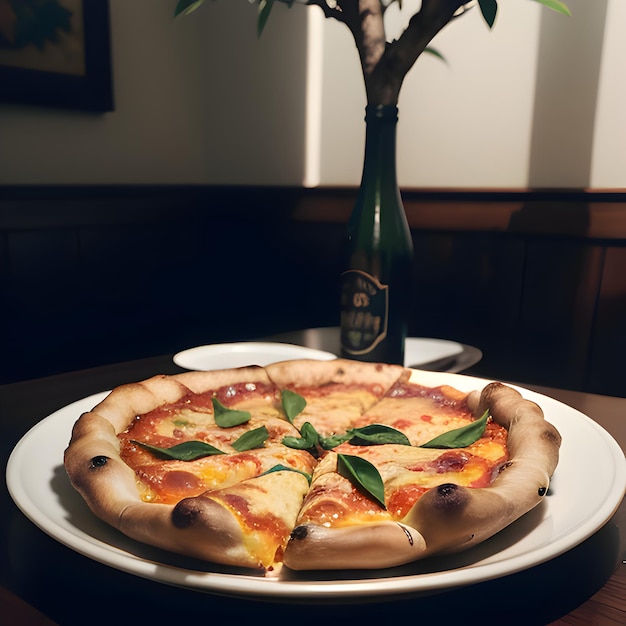 une pizza est assise sur une assiette avec un vase de fleurs en arrière-plan