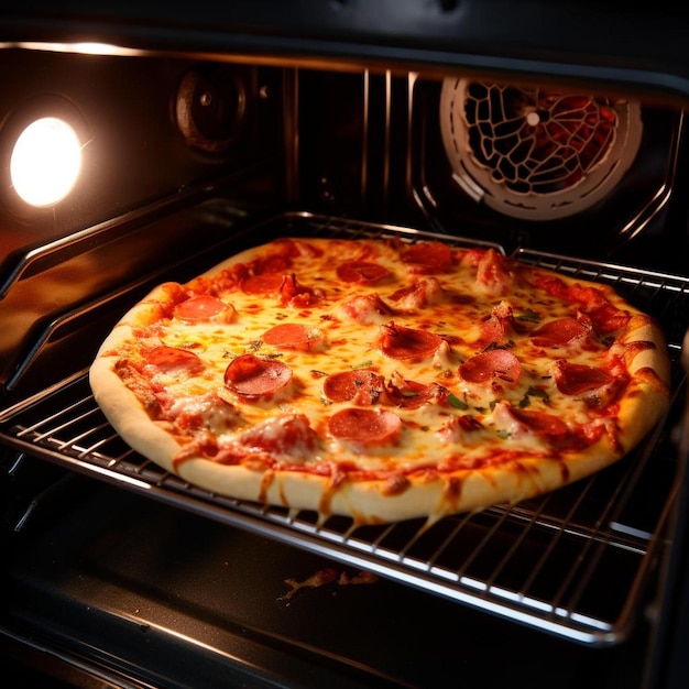 une pizza est cuite au four avec une bouteille de pepperoni.