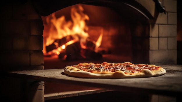 Une pizza est cuite dans un four à bois.