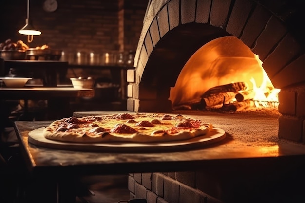 Une pizza est cuite dans un four à bois.
